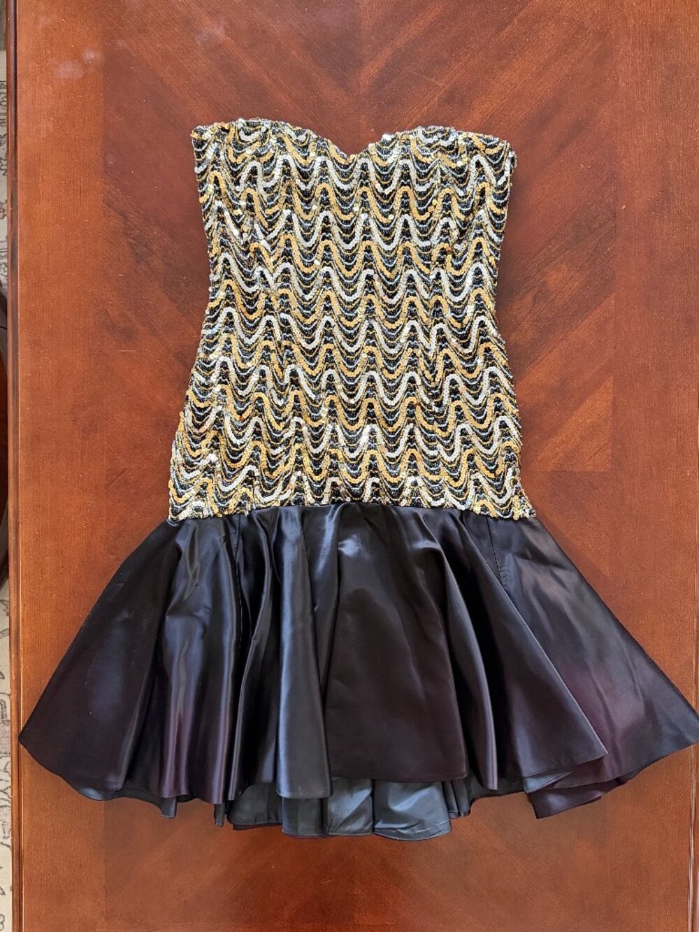 Black Gold Silver Sequin Strapless Sweetheart Formal Party Dress Satin Cocktail